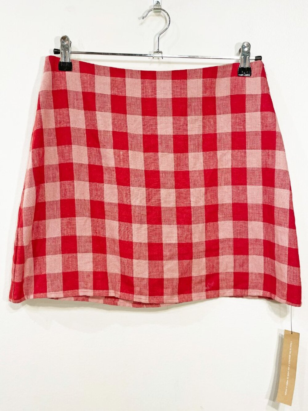New Reformation Veranda 100% Linen Gingham Mini Skirt Red Pink 6 $128